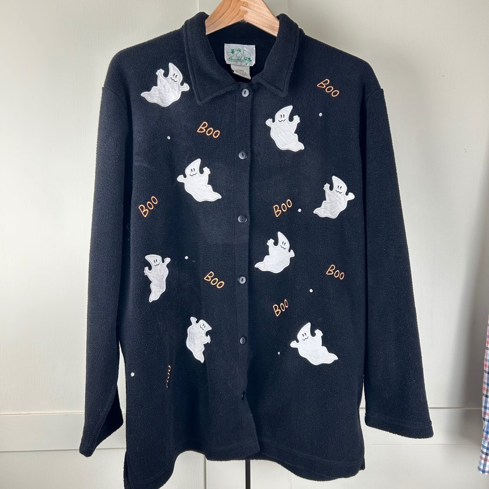 The Quacker Factory Ghost Halloween Fleece Shirt Womens Large Black Boo Festive